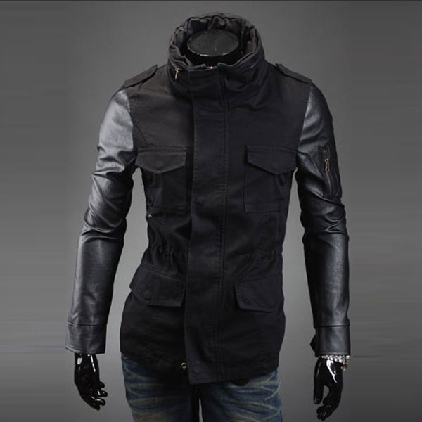 Men&39s Unique Leather Sleeve Design Slim Fit Long Jacket Coat - US